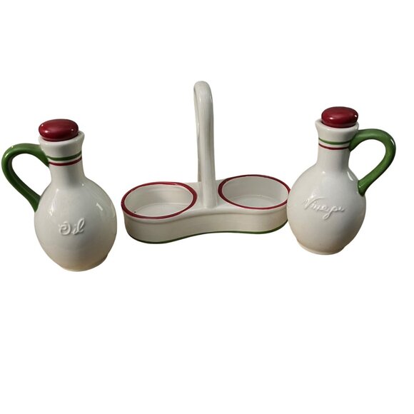 Vintage Oil and Vinegar Ceramic Cruet Set with Caddy Christmas White Red Green - Picture 4 of 4